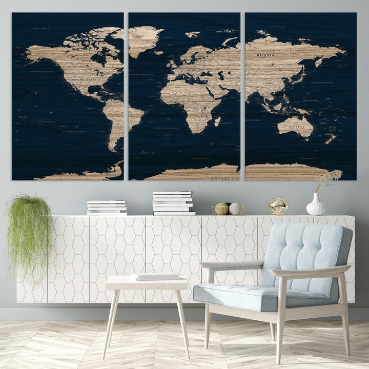 Modern World Map Canvas Print Blue Background Travel Map Push Pin Detailed Set of