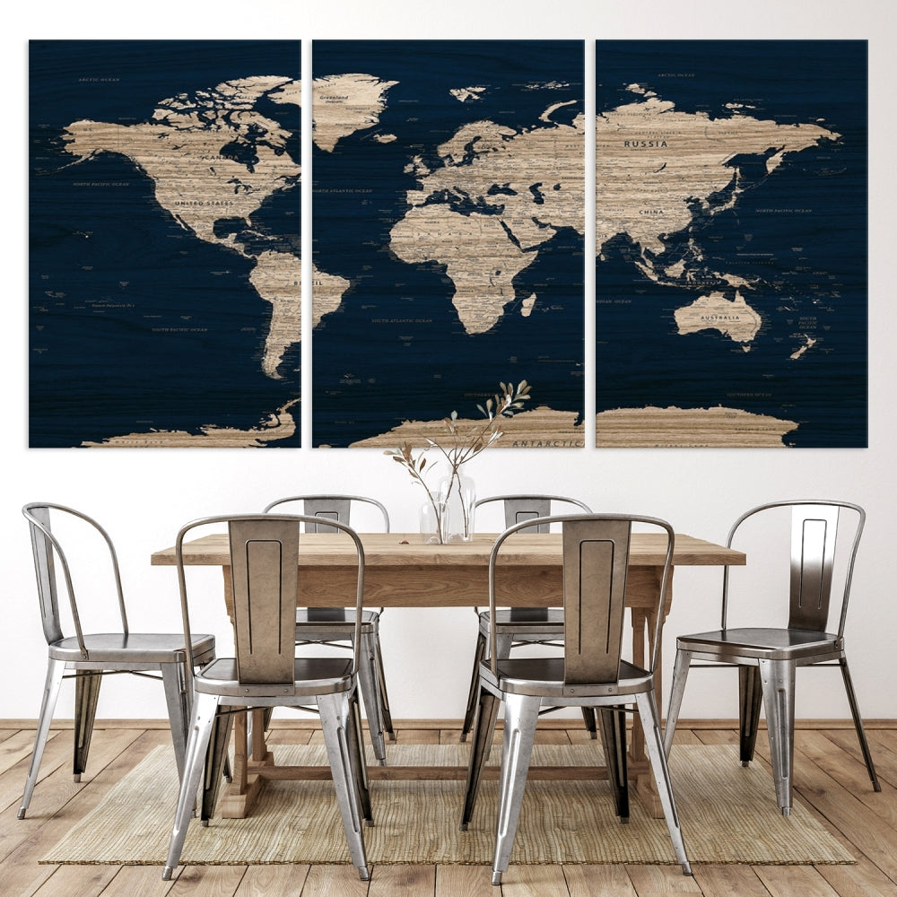 Modern World Map Canvas Print Blue Background Travel Map Push Pin Detailed Set of