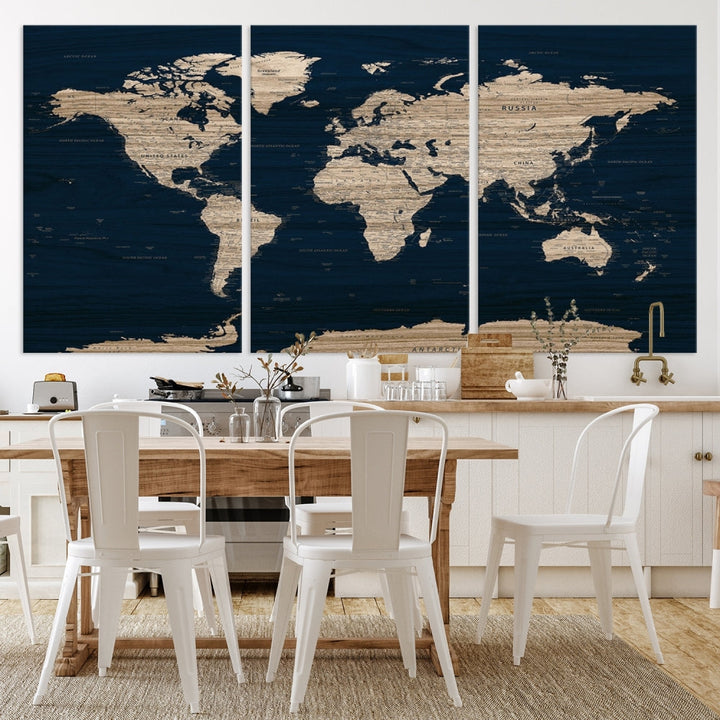 Modern World Map Canvas Print Blue Background Travel Map Push Pin Detailed Set of