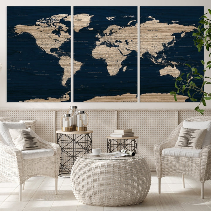 Modern World Map Canvas Print Blue Background Travel Map Push Pin Detailed Set of