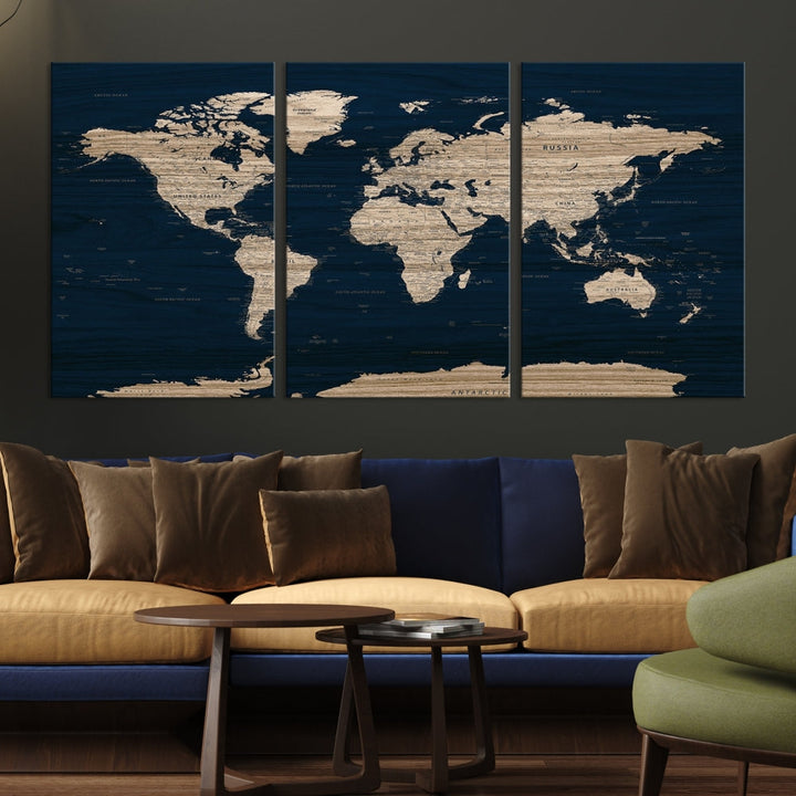 Modern World Map Canvas Print Blue Background Travel Map Push Pin Detailed Set of