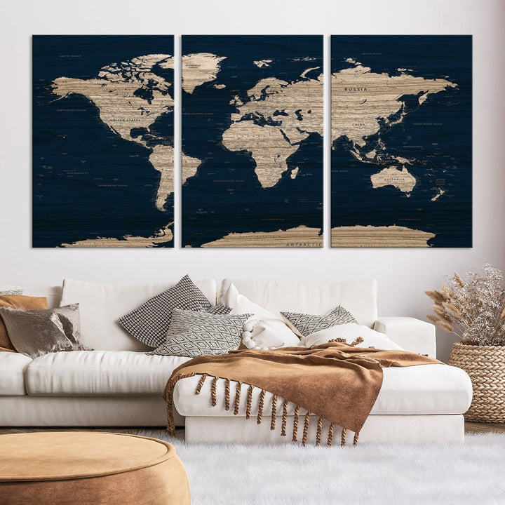 Modern World Map Canvas Print Blue Background Travel Map Push Pin Detailed Set of