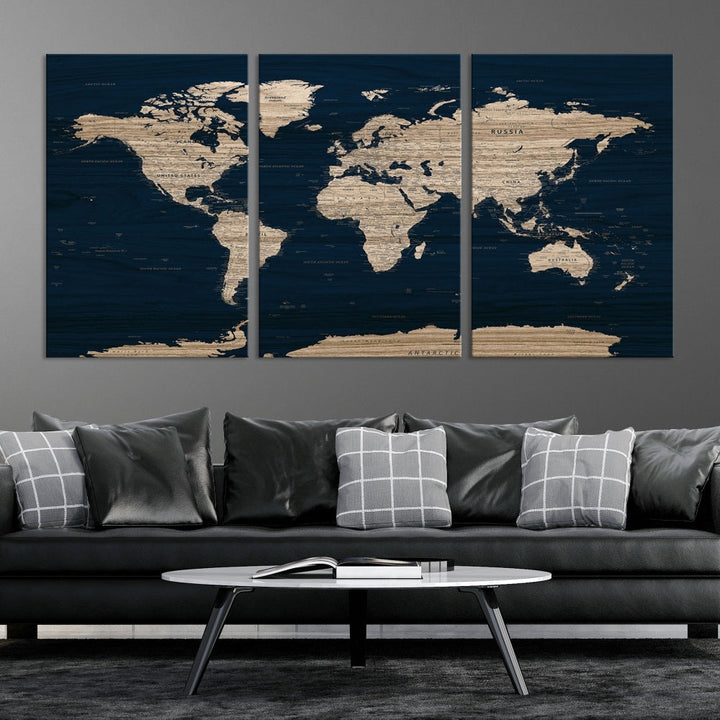 Modern World Map Canvas Print Blue Background Travel Map Push Pin Detailed Set of