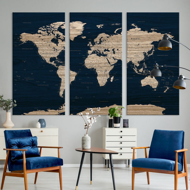 Modern World Map Canvas Print Blue Background Travel Map Push Pin Detailed Set of