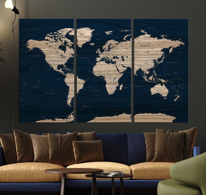 Modern World Map Canvas Print Blue Background Travel Map Push Pin Detailed Set of