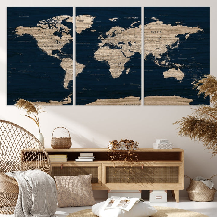 Modern World Map Canvas Print Blue Background Travel Map Push Pin Detailed Set of