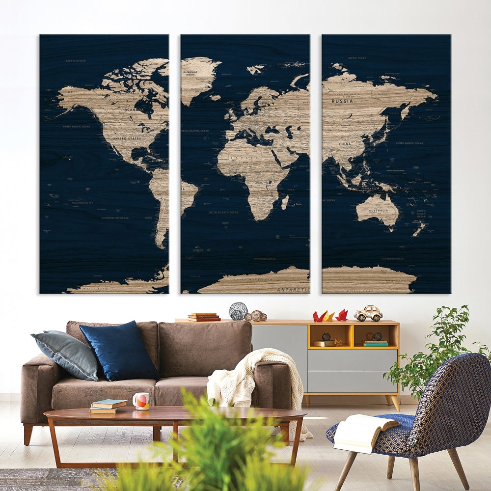 Modern World Map Canvas Print Blue Background Travel Map Push Pin Detailed Set of