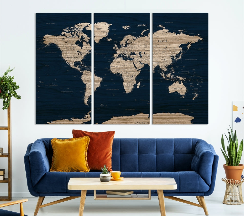 Modern World Map Canvas Print Blue Background Travel Map Push Pin Detailed Set of