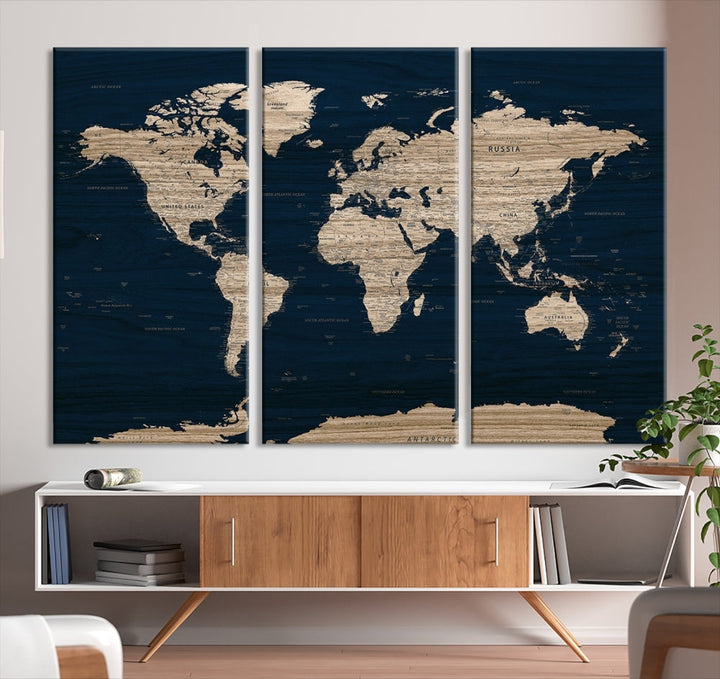 Modern World Map Canvas Print Blue Background Travel Map Push Pin Detailed Set of