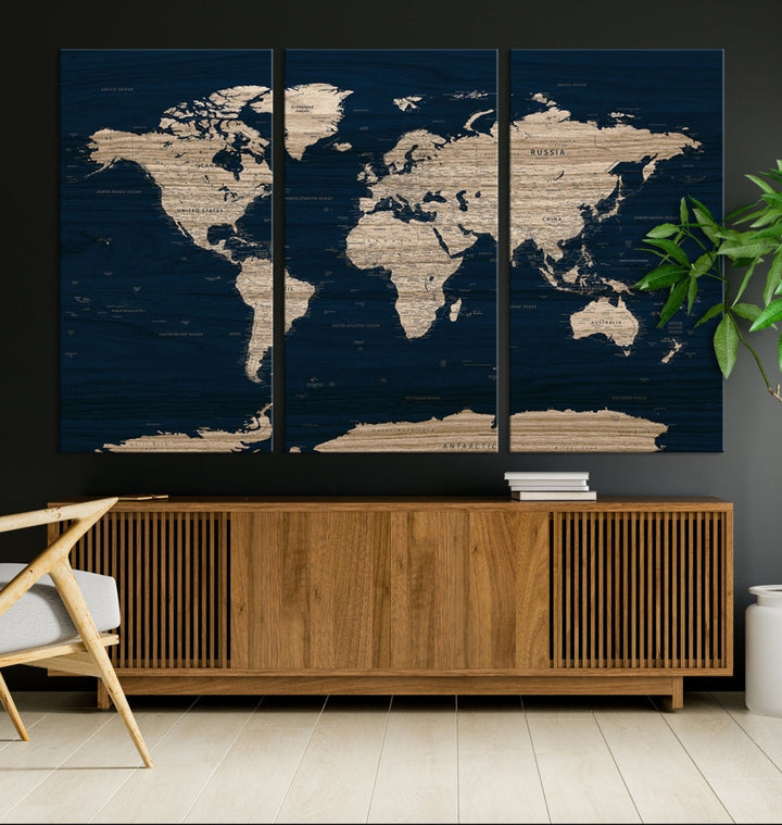 Modern World Map Canvas Print Blue Background Travel Map Push Pin Detailed Set of