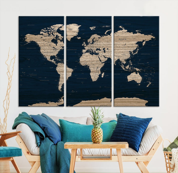 Modern World Map Canvas Print Blue Background Travel Map Push Pin Detailed Set of