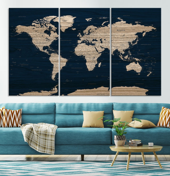 Modern World Map Canvas Print Blue Background Travel Map Push Pin Detailed Set of