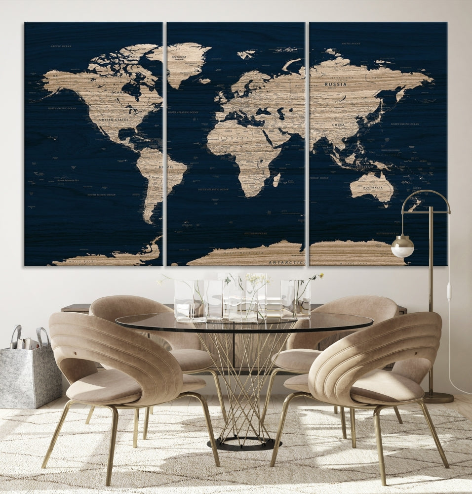 Modern World Map Canvas Print Blue Background Travel Map Push Pin Detailed Set of