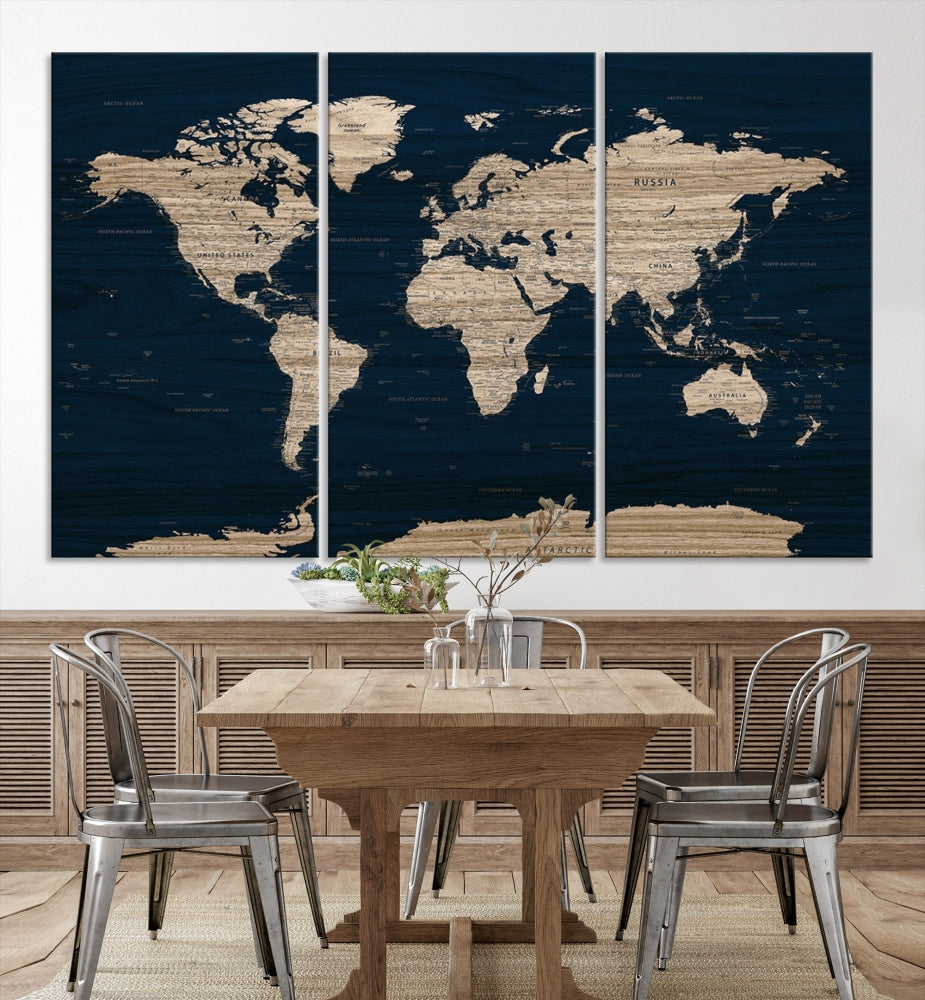 Modern World Map Canvas Print Blue Background Travel Map Push Pin Detailed Set of