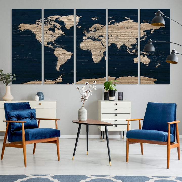 Modern World Map Canvas Print Blue Background Travel Map Push Pin Detailed Set of