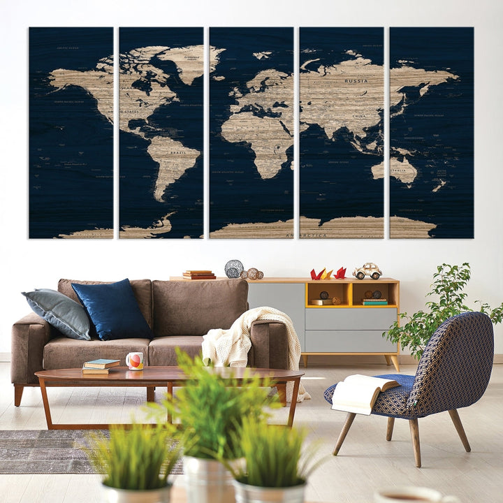 Modern World Map Canvas Print Blue Background Travel Map Push Pin Detailed Set of