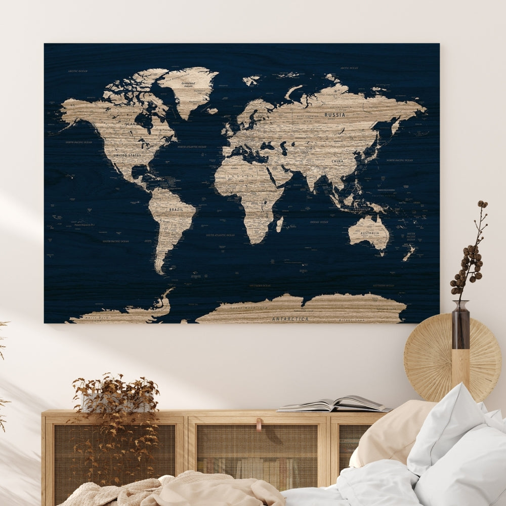 Modern World Map Canvas Print Blue Background Travel Map Push Pin Detailed Set of