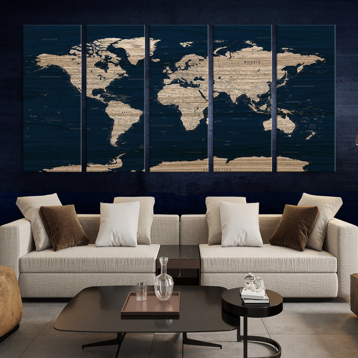 Modern World Map Canvas Print Blue Background Travel Map Push Pin Detailed Set of