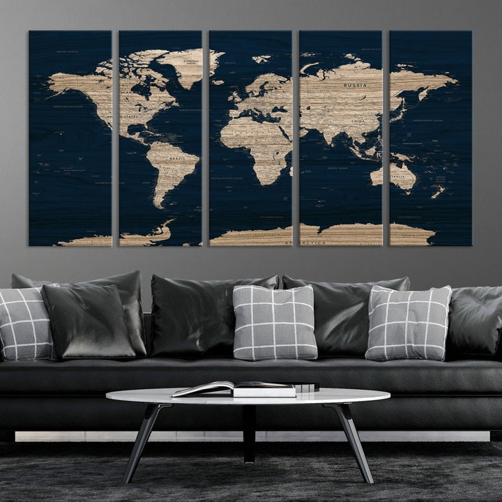 Modern World Map Canvas Print Blue Background Travel Map Push Pin Detailed Set of