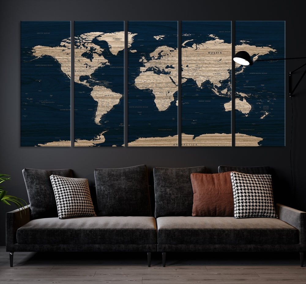 Modern World Map Canvas Print Blue Background Travel Map Push Pin Detailed Set of