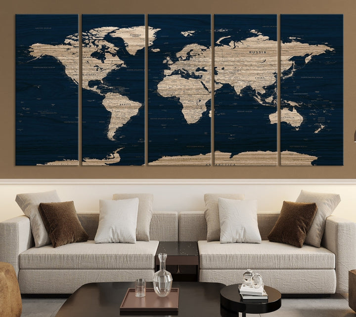 Modern World Map Canvas Print Blue Background Travel Map Push Pin Detailed Set of