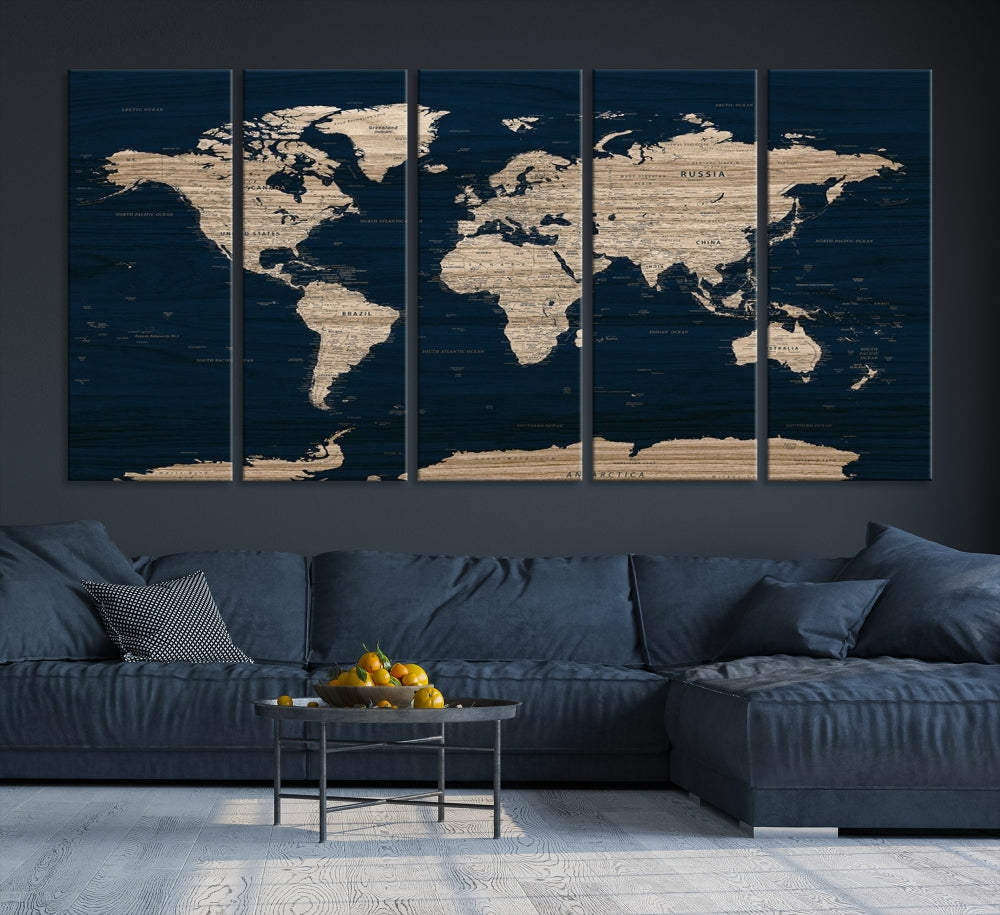 Modern World Map Canvas Print Blue Background Travel Map Push Pin Detailed Set of