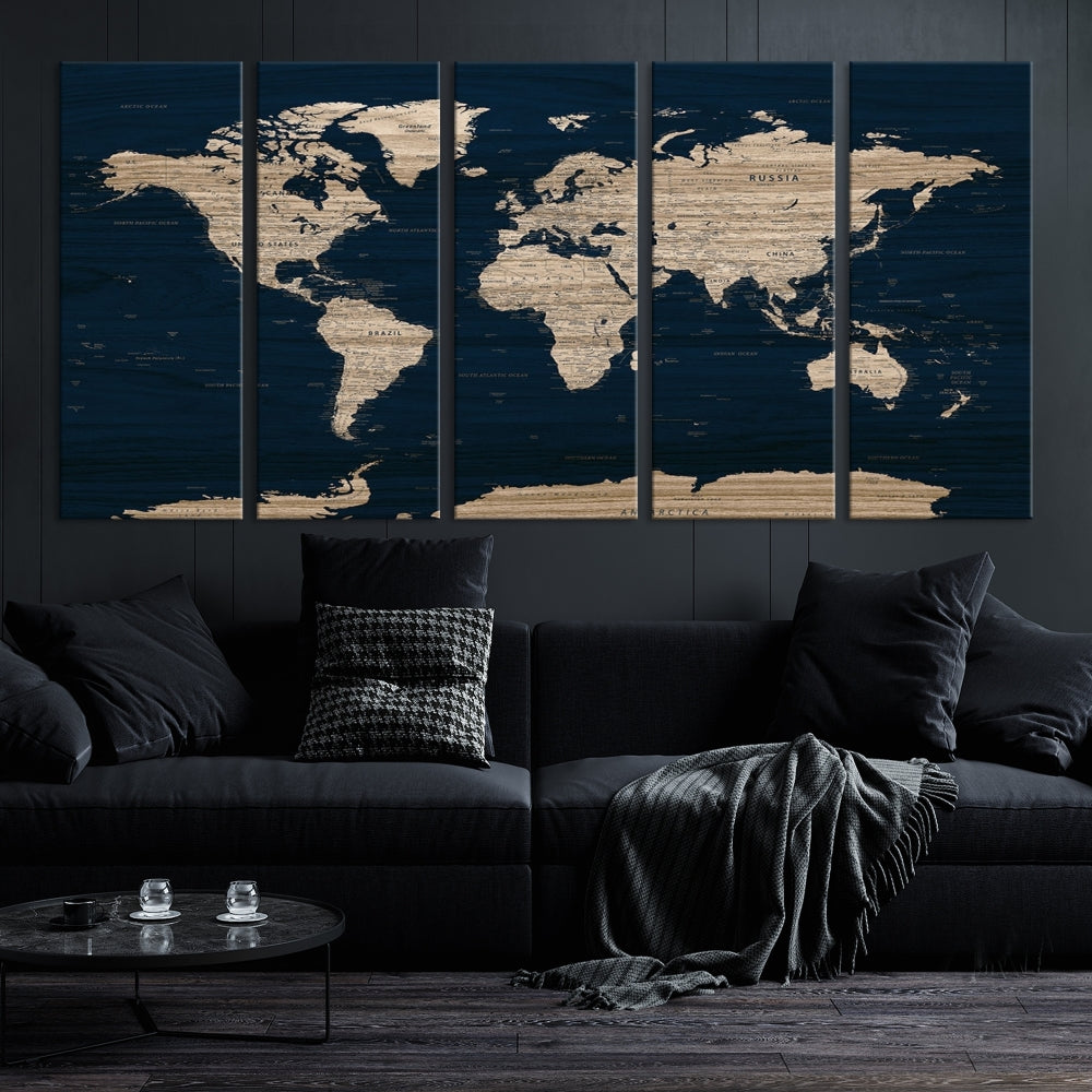 Modern World Map Canvas Print Blue Background Travel Map Push Pin Detailed Set of