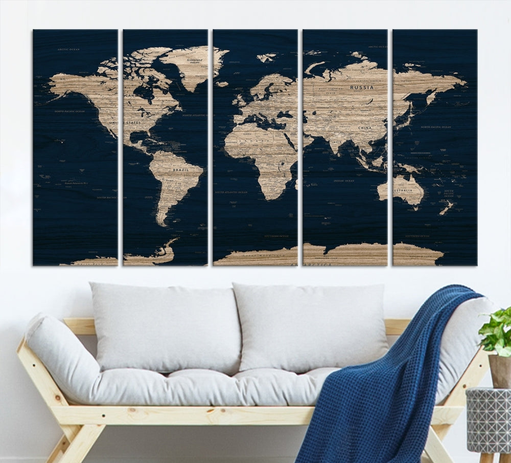 Modern World Map Canvas Print Blue Background Travel Map Push Pin Detailed Set of