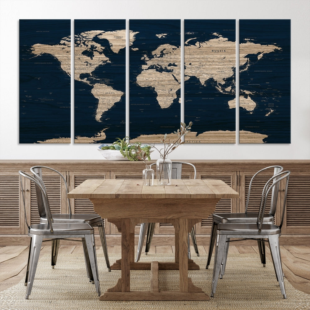 Modern World Map Canvas Print Blue Background Travel Map Push Pin Detailed Set of