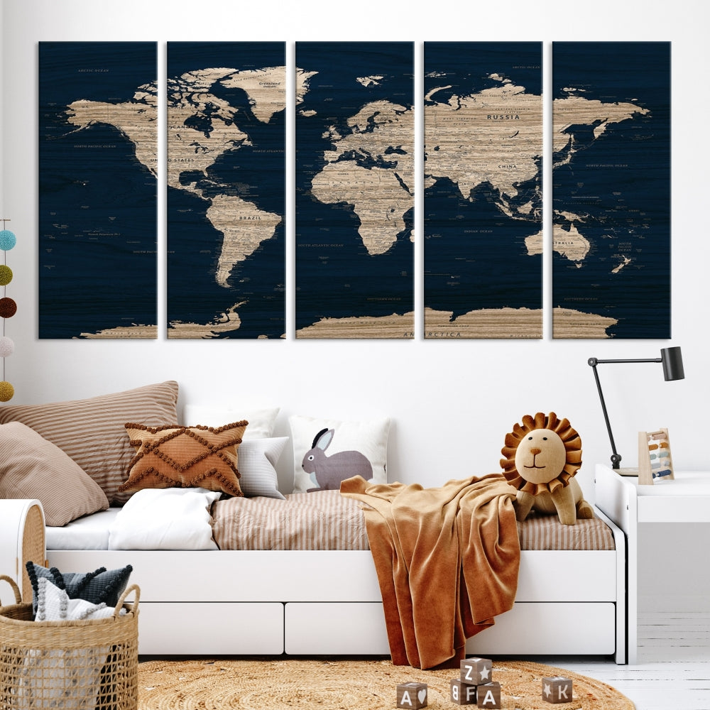 Modern World Map Canvas Print Blue Background Travel Map Push Pin Detailed Set of