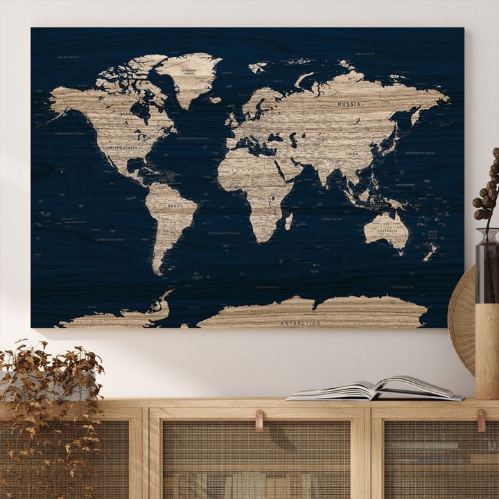 Modern World Map Canvas Print Blue Background Travel Map Push Pin Detailed Set of