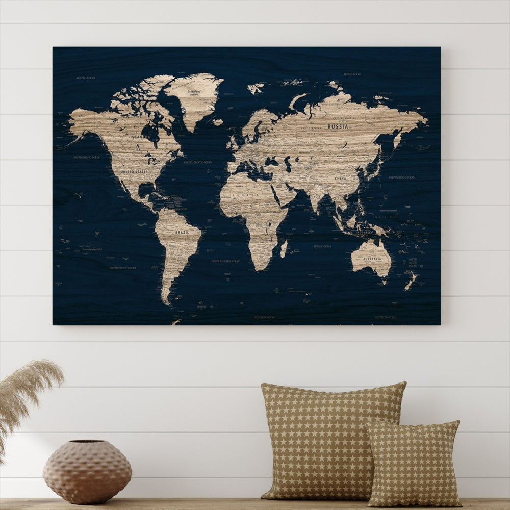 Modern World Map Canvas Print Blue Background Travel Map Push Pin Detailed Set of