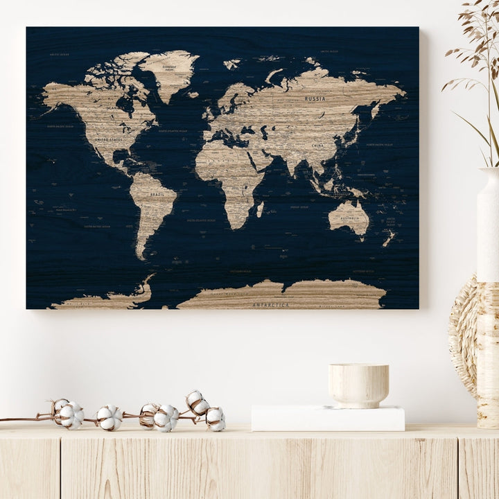 Modern World Map Canvas Print Blue Background Travel Map Push Pin Detailed Set of