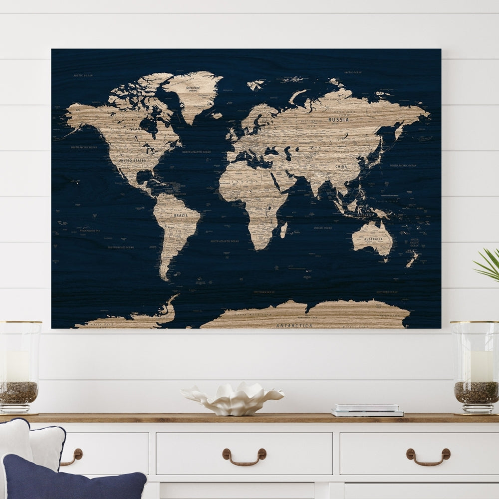 Modern World Map Canvas Print Blue Background Travel Map Push Pin Detailed Set of