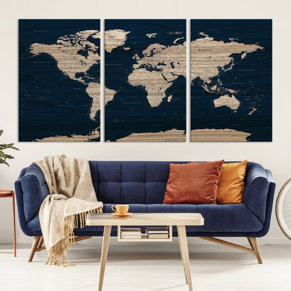 Modern World Map Canvas Print Blue Background Travel Map Push Pin Detailed Set of