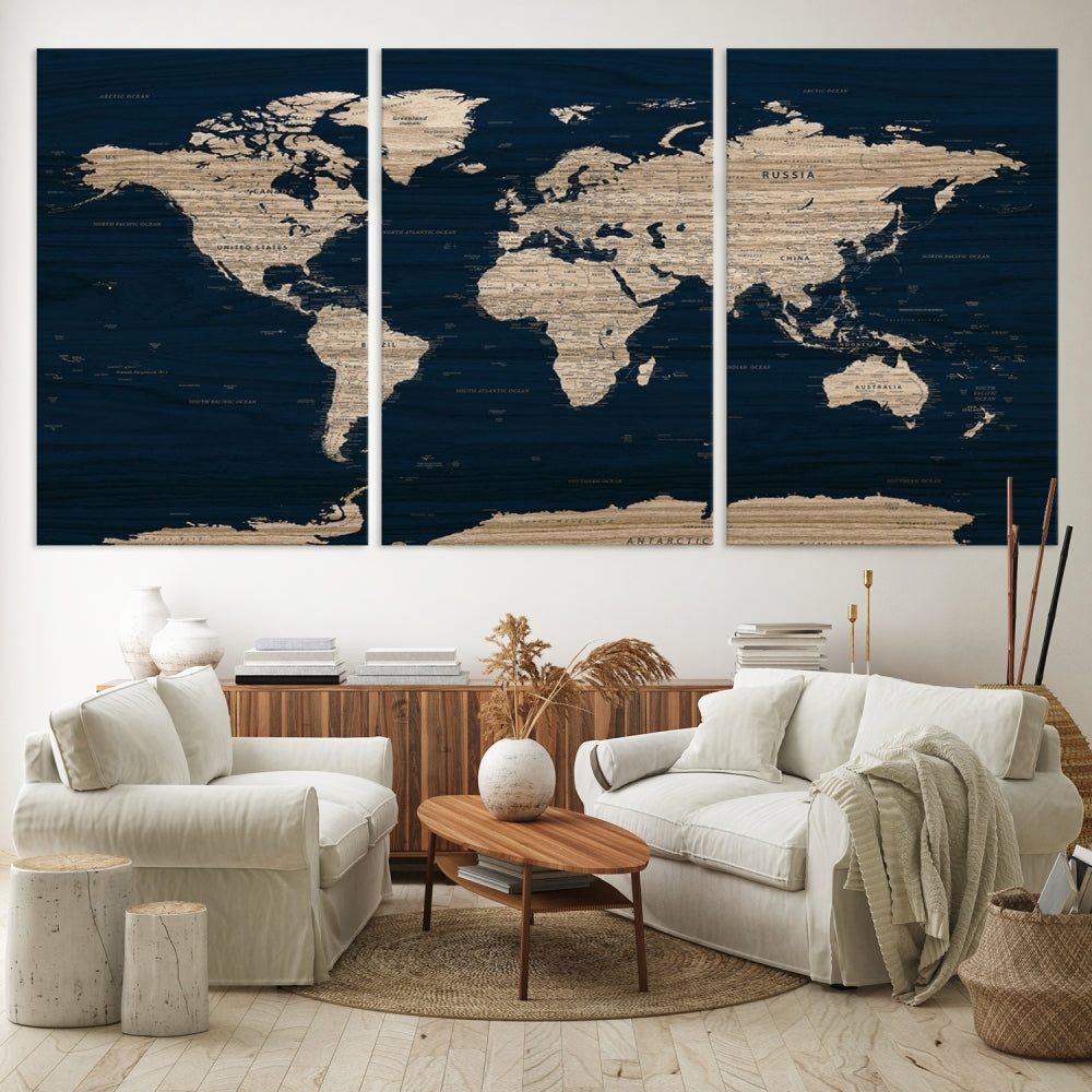 Modern World Map Canvas Print Blue Background Travel Map Push Pin Detailed Set of