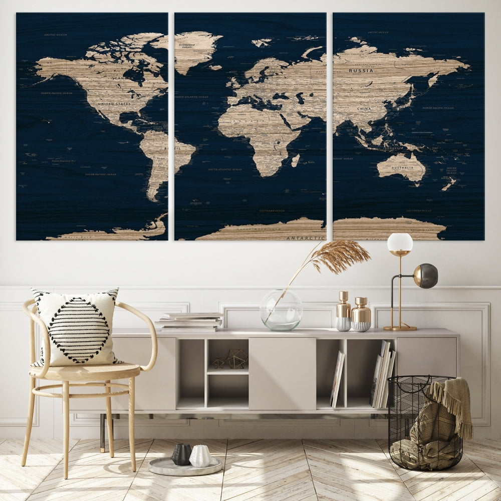 Modern World Map Canvas Print Blue Background Travel Map Push Pin Detailed Set of