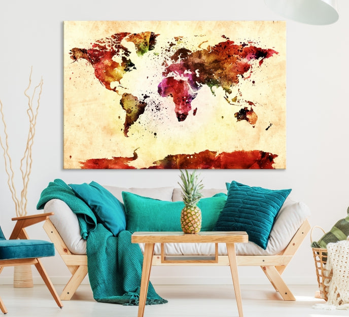 Modern World Map Print Framed Canvas Wall Art