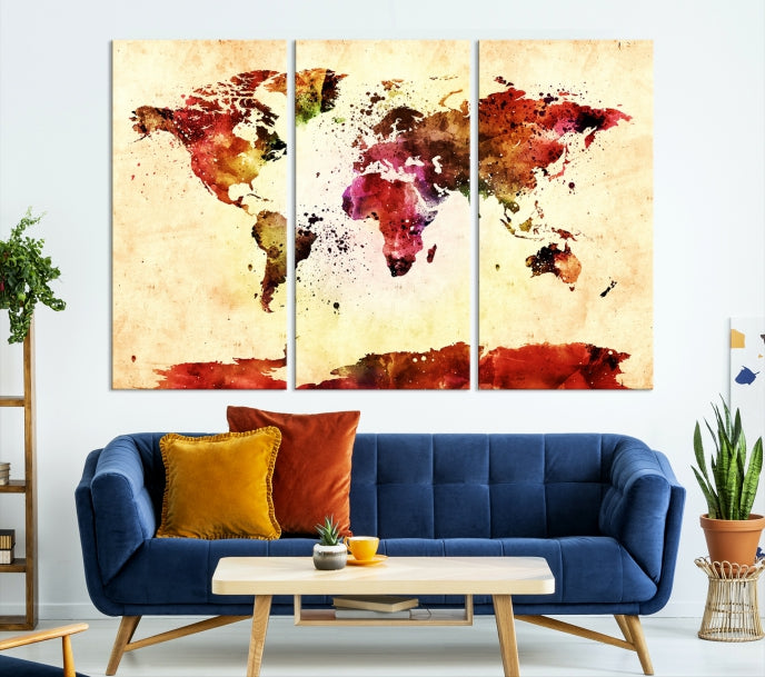 Modern World Map Print Framed Canvas Wall Art