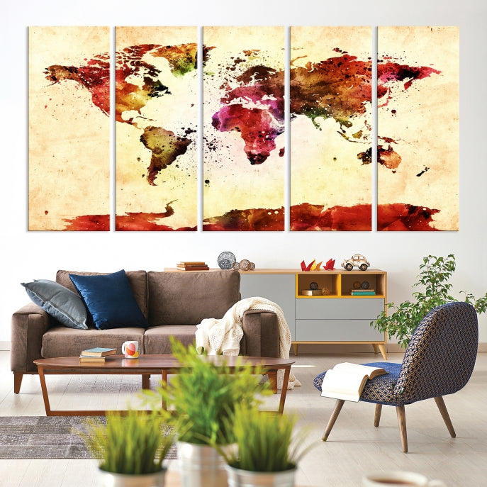 Modern World Map Print Framed Canvas Wall Art