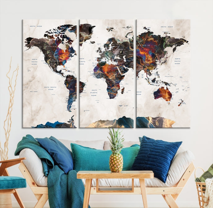 Modern World Map Print on Canvas Wall Art