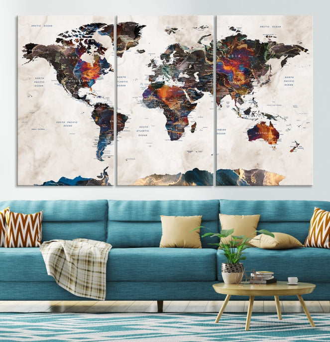 Modern World Map Print on Canvas Wall Art