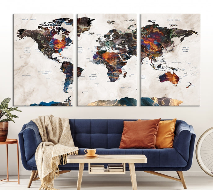 Modern World Map Print on Canvas Wall Art