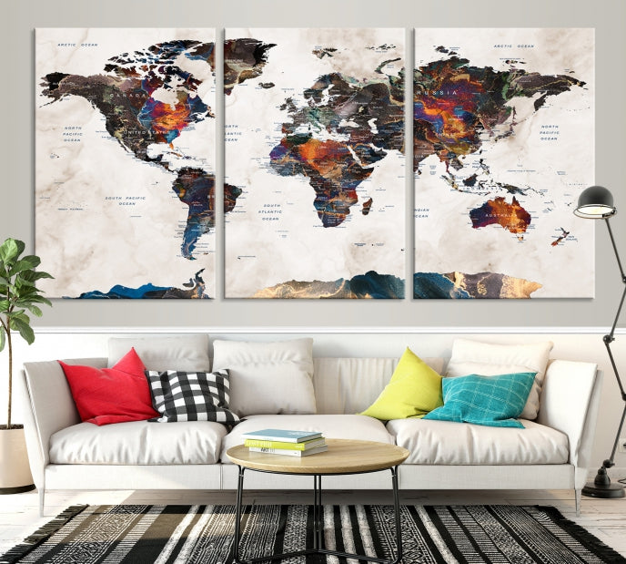 Modern World Map Print on Canvas Wall Art