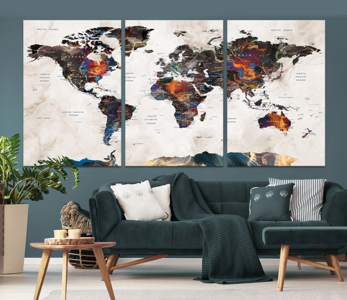 Modern World Map Print on Canvas Wall Art