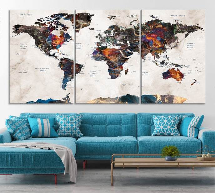 Modern World Map Print on Canvas Wall Art