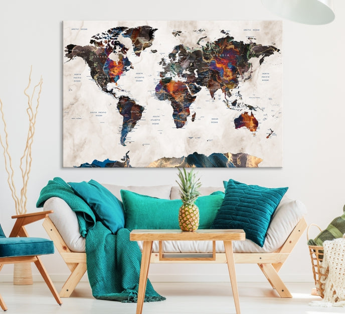 Modern World Map Print on Canvas Wall Art