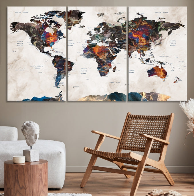 Modern World Map Print on Canvas Wall Art