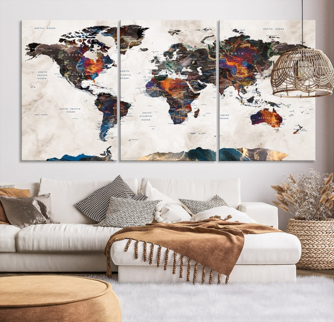 Modern World Map Print on Canvas Wall Art