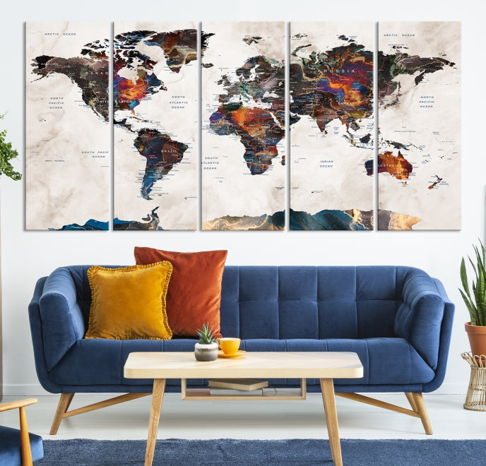 Modern World Map Print on Canvas Wall Art